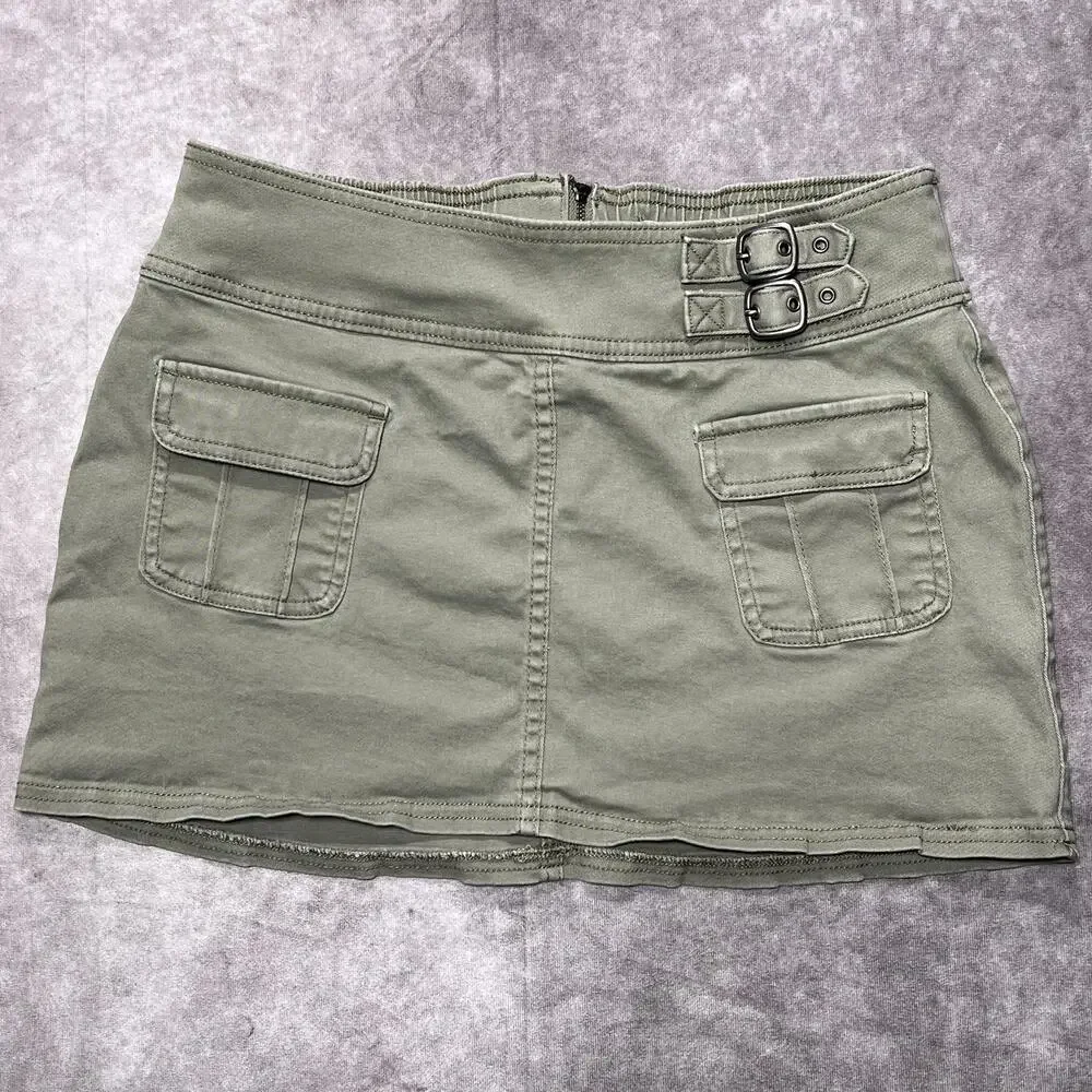 Hollister Mini Skirt Womens Small Green Cargo Micro Low Rise Buckle Pockets Y2K